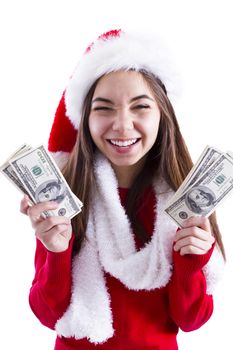 Santa brought me banknotes, young girl holding all one hundred dollar banknotes.  Isolated on white background.