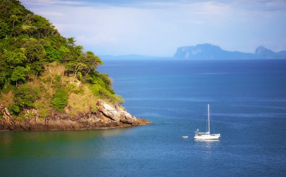 yacht in Andaman Sea at sunset, Thailand