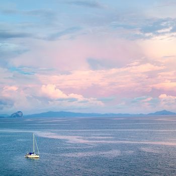 yacht in sea at sunset, aerial view, Thailand