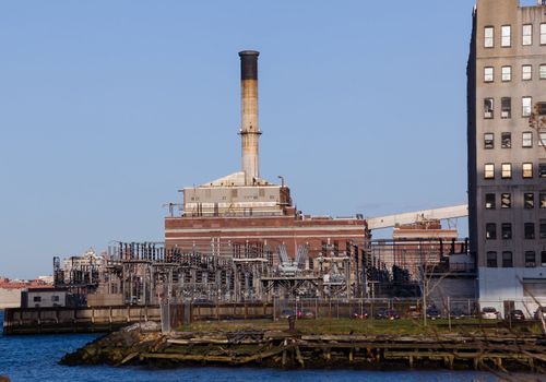 Power station on banks of Hudson river in New York