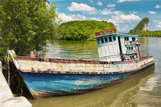 old wooden thai ship in Krabi, Thailand