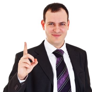 smiling businessman raise finger up on white background