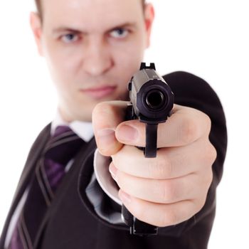 man with gun in hand, white background