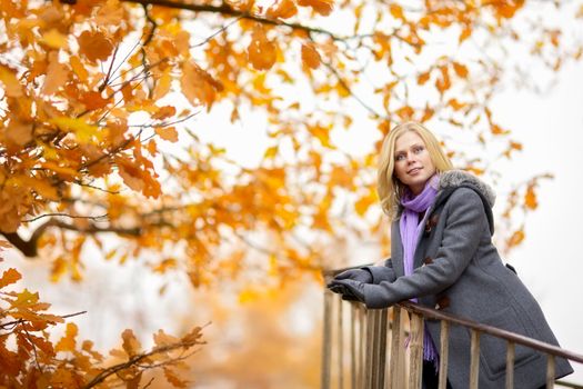 beautiful smiling blond girl in autumn park