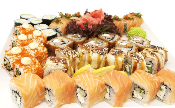 a wide range of Japanese sushi on white background