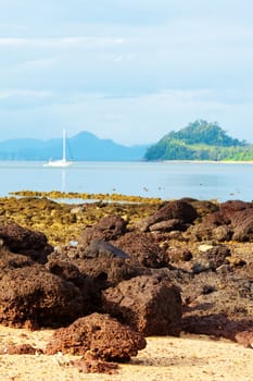 yacht in sea at low tide, Thailand