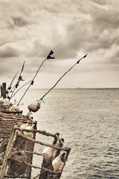 fishing rods on a pier under dark clouds