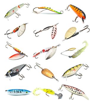 different fishing baits isolated on white background