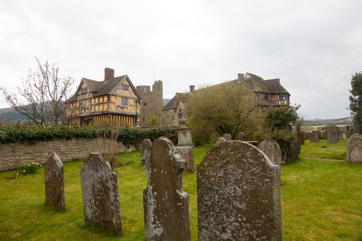 Gatehouse entrance to Stokesay castle on a dark cloudy day