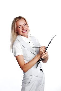 business woman writing in notebook on a white background