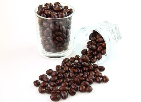 Coffee beans in glasses on white background