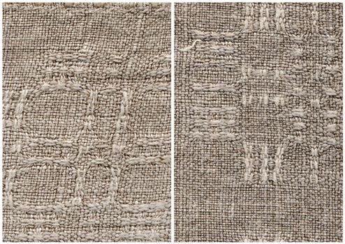 Texture old fabric, fragment of a homespun rural linen cloth on a dining table, handmade, 40 years of 20 centuries. Front and back side