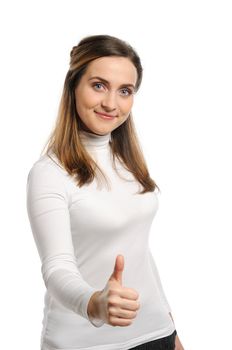 Beautiful young woman thumb up. Isolated on white background.