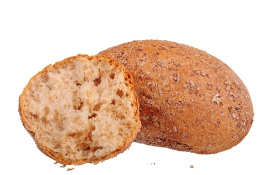 one and half buns with bran isolated on white background