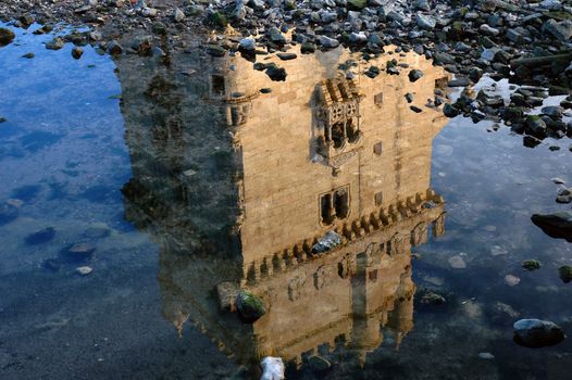 Belem Tower, in Lisbon, Portugal, reflected on Tagus river