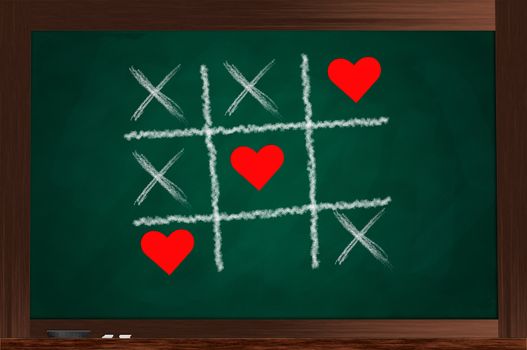 A green chalkboard with Tic Tac Toe game played with love