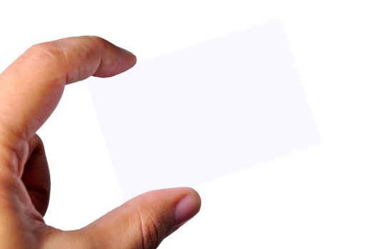 Hand holding an blank business card. Isolated background.