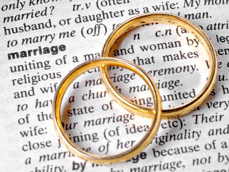 Two wedding rings next to the word "marriage" on a english dictionary
