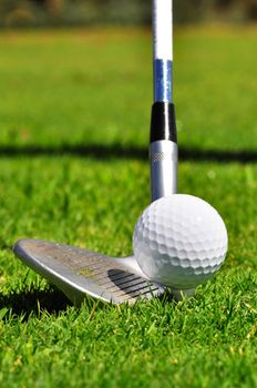 Golf ball and driver, ready to strike, on a real golf course.