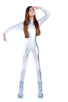 futuristic silver woman full legth holding sphere glass helmet