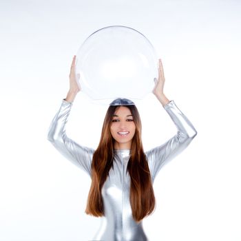 brunette futuristic silver woman holding sphere glass helmet