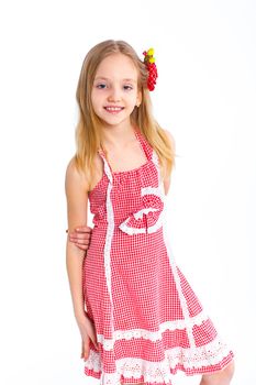 photo of cute little girl in red clothes on white background