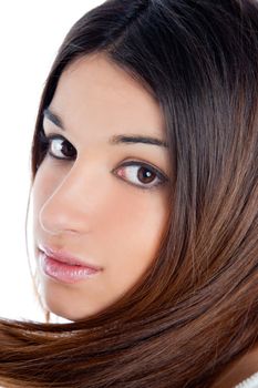 asian brunette indian woman with long hair closeup portrait