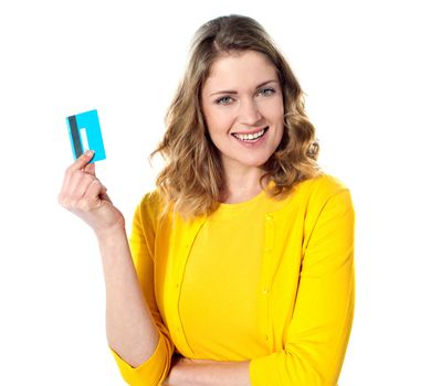 Beautiful american lady ready to shop. Holding credit card