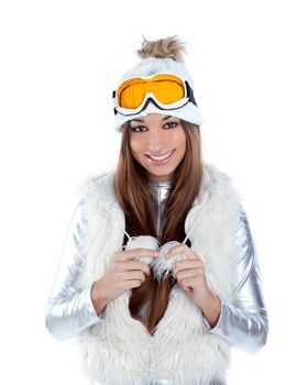 asian indian brunette winter girl with snow fur cap and ski glasses