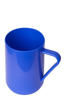 Blue plastic cup on white background isolated with path