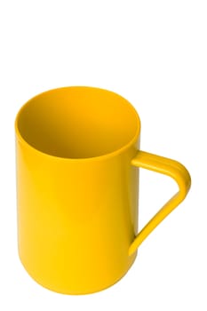 Yellow plastic cup on white background isolated with path