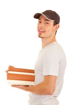 Young smiling men with four books on white background