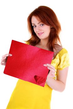 Young beautiul woman and card with red heart in her hands on white background.
