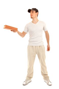 Casual young man gives a book, on white background