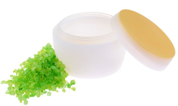 Container for cream and aroma bath salt on white background