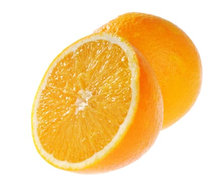 Juicy orange slice in very tasty view on white background. Focus on middСѓ of slice.
