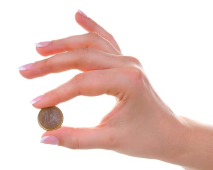 Female hand with one euro coin isolated on white background