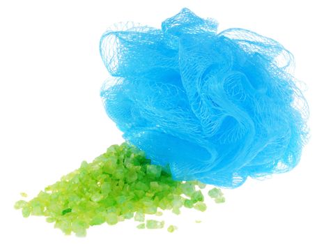 Blue netting loofah on white background