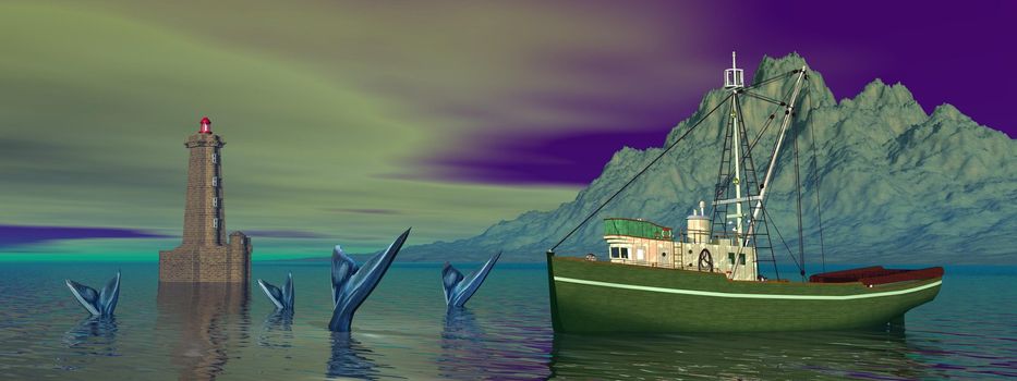 boat and fish and ligthouse