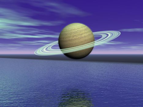 Planet saturn and landscape blue