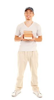 Young smilling man with four books on white background