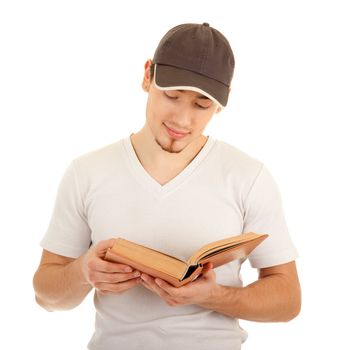Young casual men is reading a book on white background with space for your text.