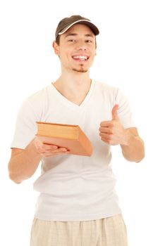 Casual young smiling men shows gesture that this book is very nice. On white background.