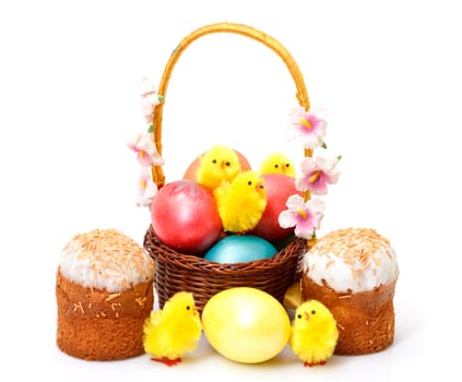Basket with Easter Eggs on white background