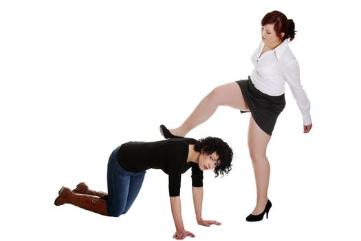 Businesswoman kicking her worker. Mobbing concept
