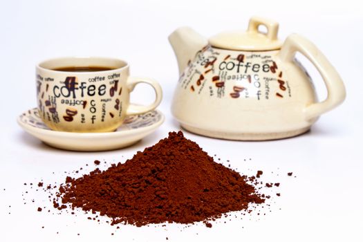 Coffee powder on a white background, and coffee service