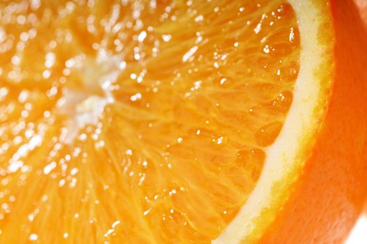 Juicy orange slices in very tasty close-up view. Focus on orange rind. Shallow DoF.