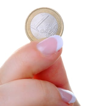 Female finger with one euro coin isolated on white background