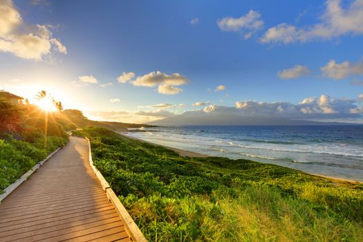 Tropical beach walk running Pathway at sunset