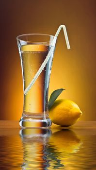 mineral water and lemon on a colored background